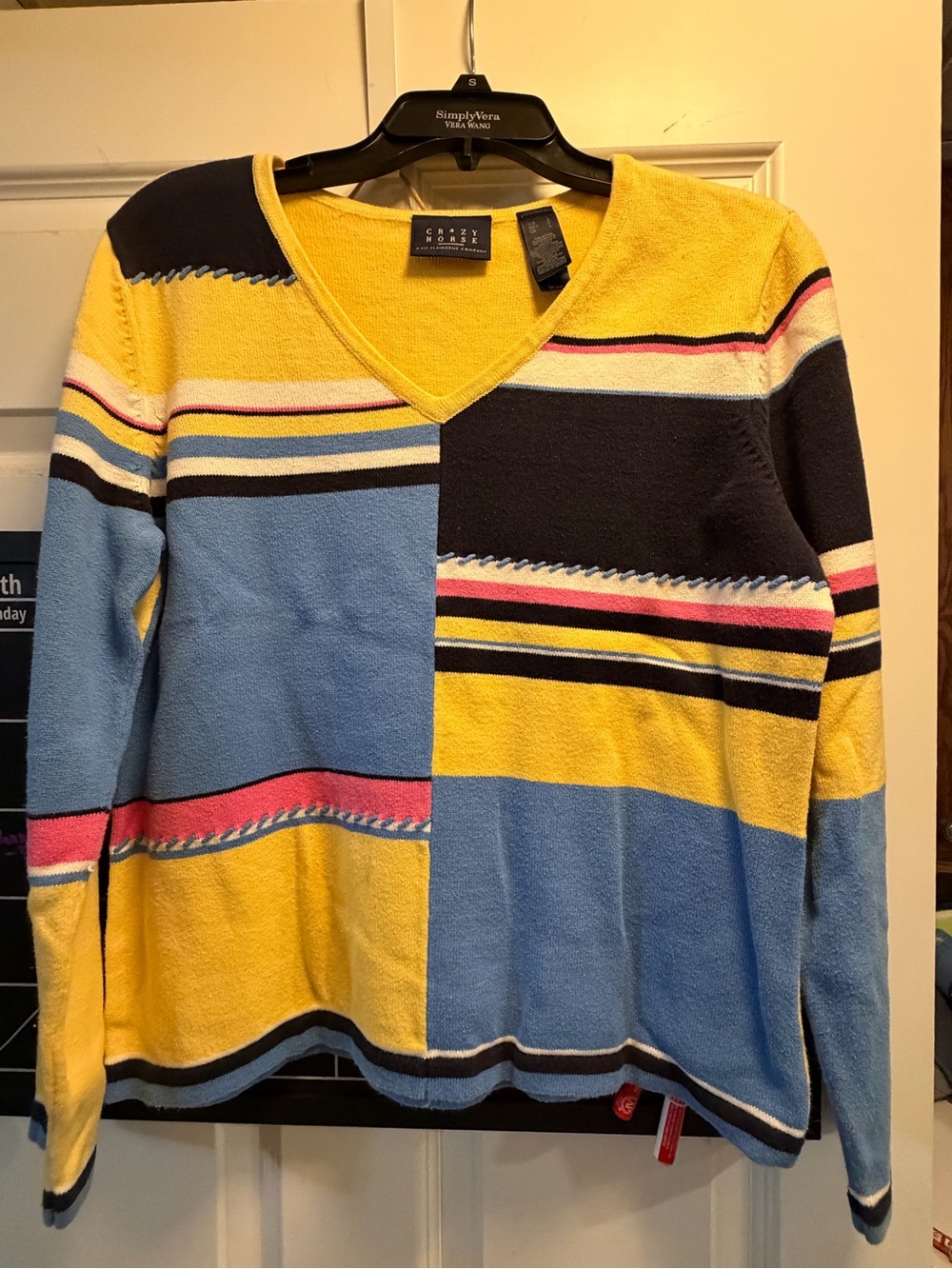 Crizy Design Colorblock V-Neck Sweater in Yellow, Blue & Pink